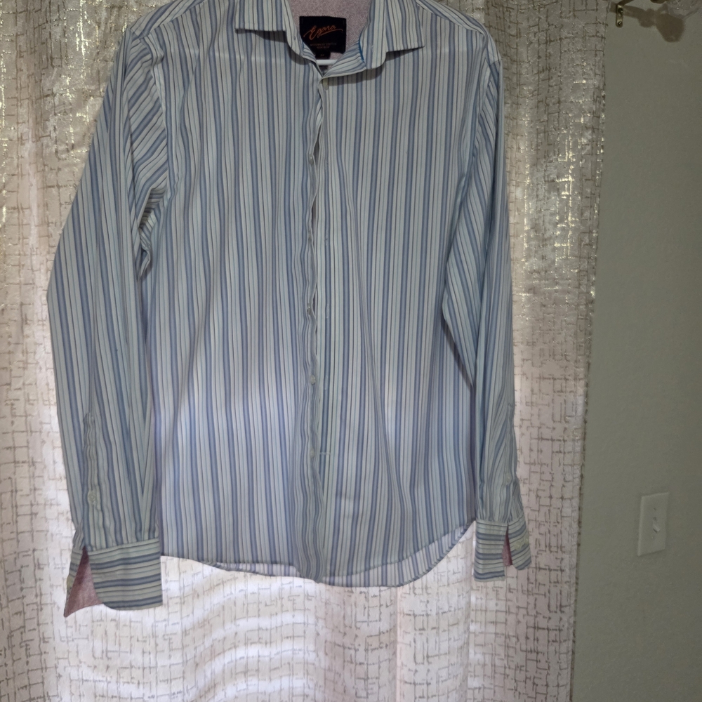 Egara Modern Fit Stretch Shirt Men Medium Blue Striped Button
